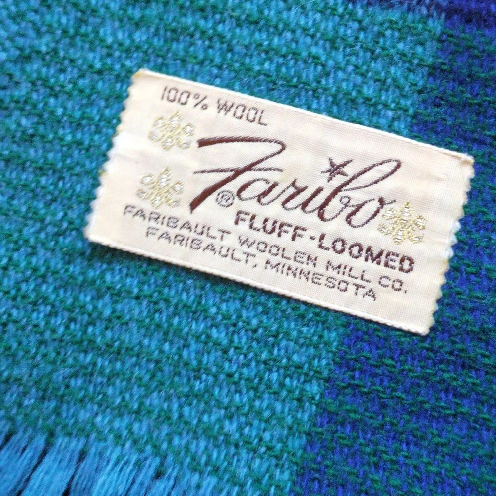RARE Color Vtg Faribo Wool Blanket Blue Green Plaid Fringed Picnic Stadium 64x50